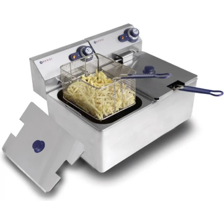 HENDI Fritteuse, einstellbar bis 190°C, Kaltzone, mit Frittierkorb und Deckel, Entnehmbar Becken, Sicherheitsthermometer, 2x8L, 230V, 7000W, 550x430xH345mm, Edelstahl