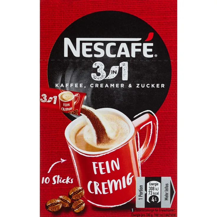 Nescafé 3-in-1 Sticks, löslicher Bohnenkaffee, mit Kaffeeweißer & Zucker, Instant-Kaffee aus erlesenen Kaffeebohnen, koffeinhaltig, 10 Portionssticks