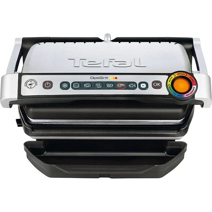 Tefal GC716D OptiGrill Kontaktgrill, 2000W, Thermostat, 6 voreingestellte Grillprogramme, stufenlose Farbänderung des Lichtindikators, inkl. Waffel-Platte, Kelle, silber – Bild 2