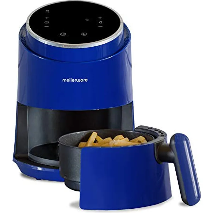 Mellerware Crunchy! Ölfreie Heißluftfritteuse, 7 voreingestellte Programme, Kochen 80-200 Grad, 1230 Watt, 1,5 Liter Fassungsvermögen, blau, Kunststoff