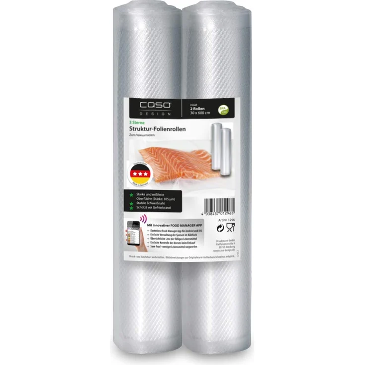 CASO Strukturrollen, 30 x 600 cm - 2 Rollen, für alle Balken Vakuumierer & Folienschweißgeräte, BPA-frei, stark & reißfest ca. 105µm, stabile Schweißnaht, Sous Vide geeignet – Bild 1