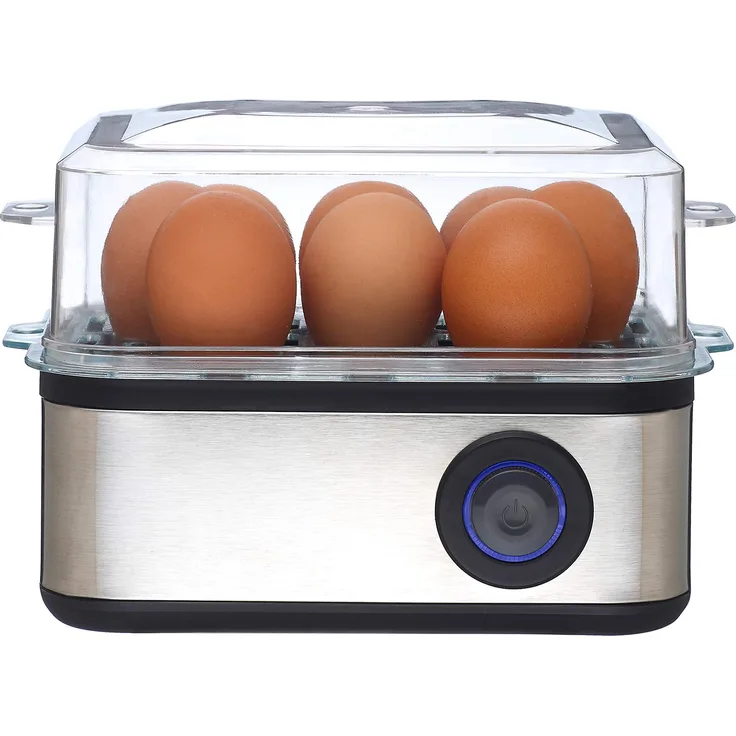 Venga. VG EK 3000 2-in-1 Eierkocher für 8 Eier, Kochen und Pochieren, Pochiereinsatz für 4 Eier, leicht zu handhabender Messbecher mit Nadel, Edelstahl, 500 W