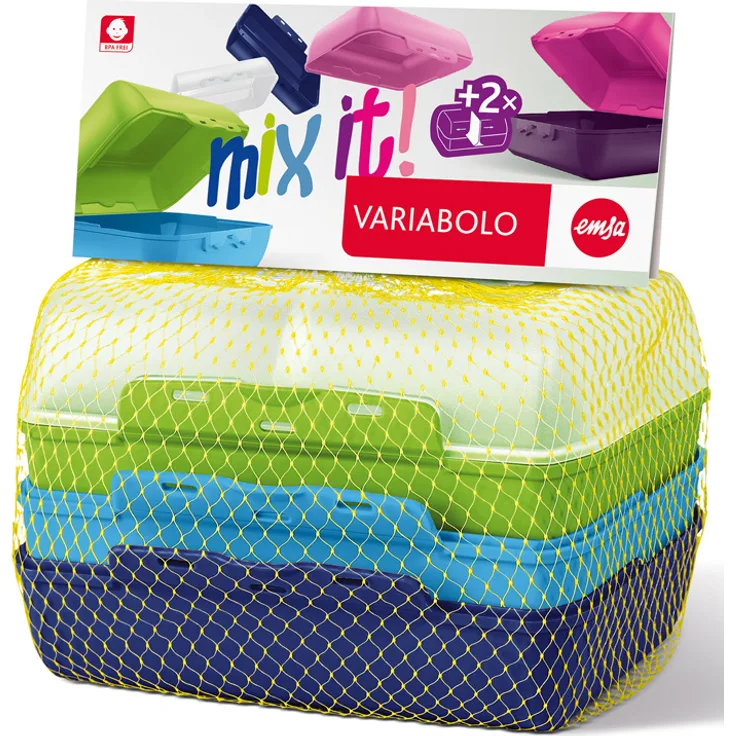 Emsa 517053 Variabolo 4-teiliges Frischhaltedosen Boys-Set, 16 x 11 x 7 cm, beidseitig zu öffnen, platzsparend ineinander stapelbar, blau-grün
