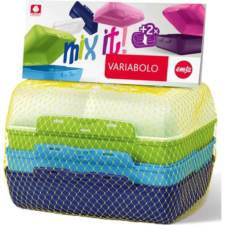 Emsa 517053 Variabolo 4-teiliges Frischhaltedosen Boys-Set, 16 x 11 x 7 cm, beidseitig zu öffnen, platzsparend ineinander stapelbar, blau-grün