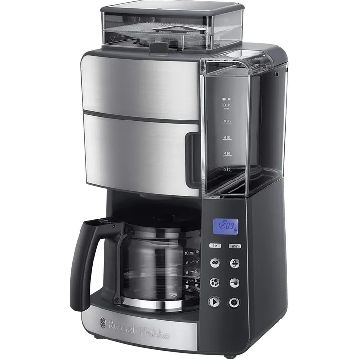Russell Hobbs Kaffeemaschine mit integriertem Mahlwerk, Glaskanne 10 Tassen, digitaler programmierbarer Timer, 3-stufige Mahlgradeinstellung, 1000W, Filterkaffeemaschine für Kaffeebohnen Grind&Brew 25610-56