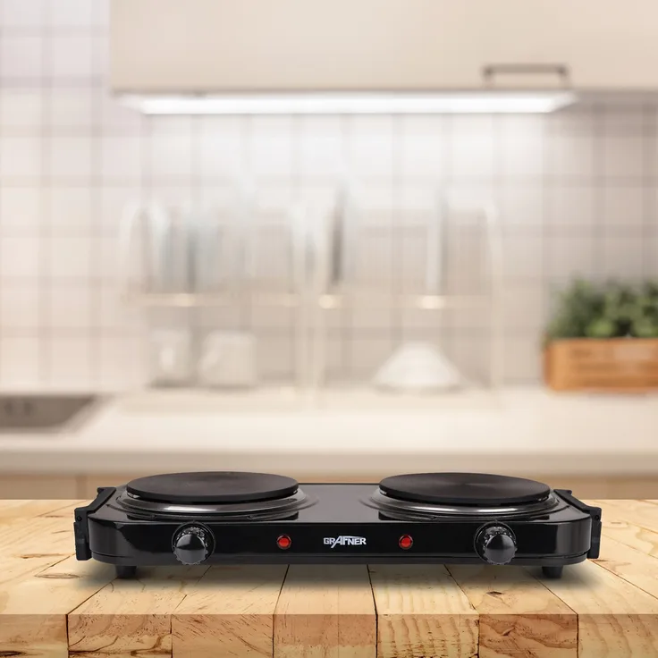 Grafner KP10880 Kochplatte doppelt 2000 Watt mit klappbaren Griffen Schwarz