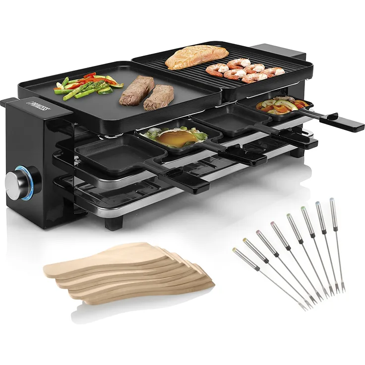 Princess RACLETTE Gerät 8 Personen, 2 wendbare Grillplatten mit Parkdeck, 8 Gabeln, 1200W