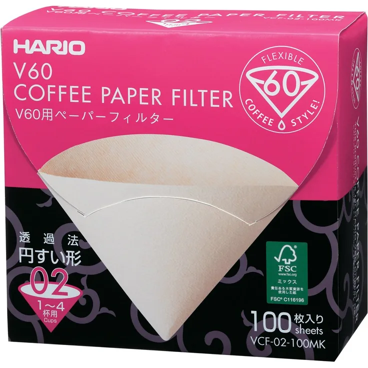 Papier-Kaffeefilter V60 von Hario 100 Stück, im Karton Size 02 Natürlich, ohne Tabs