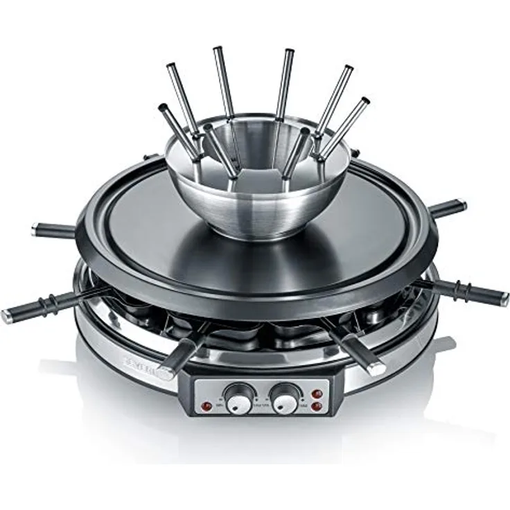 SEVERIN RG 2348 Raclette-Fondue Kombination ca. 1900 W, XXL-Zuleitung, Inkl. Fondue-Topf aus Edelstahl und 8 Pfännchen