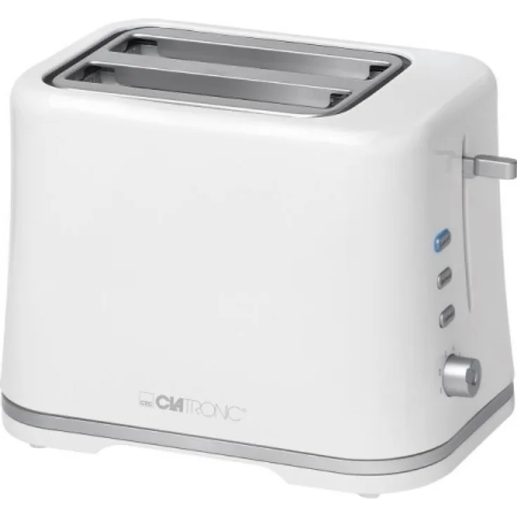 Clatronic TA 3554 Kompakter 2-Scheiben Toaster, Brötchenaufsatz (abnehmbar), Aufwärm, Auftau Schnellstoppfunktion, stufenlos einstellbarer Bräunungsgrad, Krümelschublade, weiß-Silber