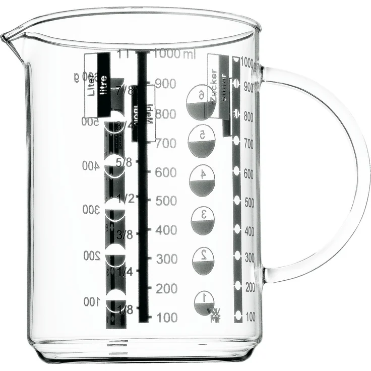 WMF Gourmet Messbecher, 1,0 l, hitzebeständiges Glas, Skalierung für Liter, Milliliter, Tassen und Gramm – Bild 1