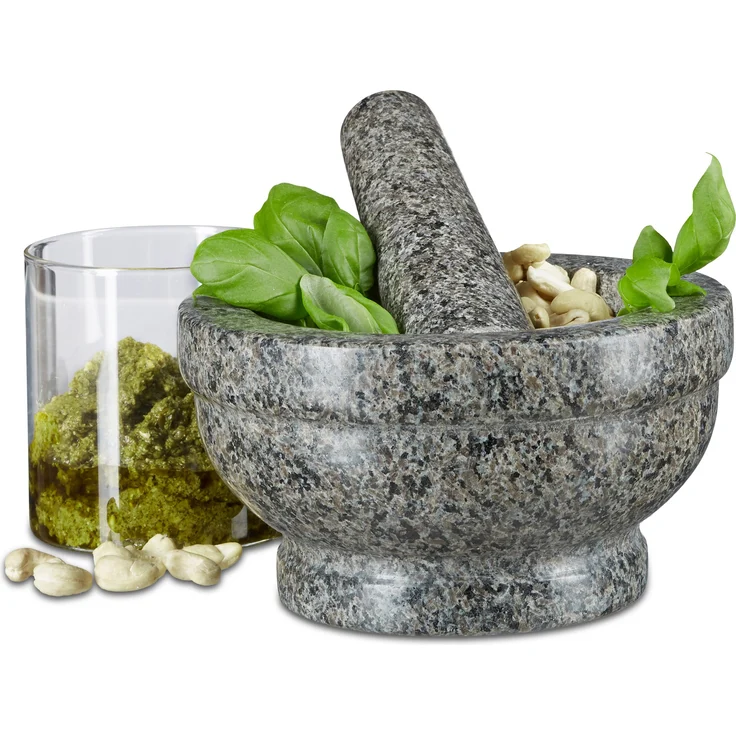Relaxdays Granit Mörser mit Stößel 17 cm Durchmesser, robuster, langlebiger Steinmörser, echter Granit poliert, grau