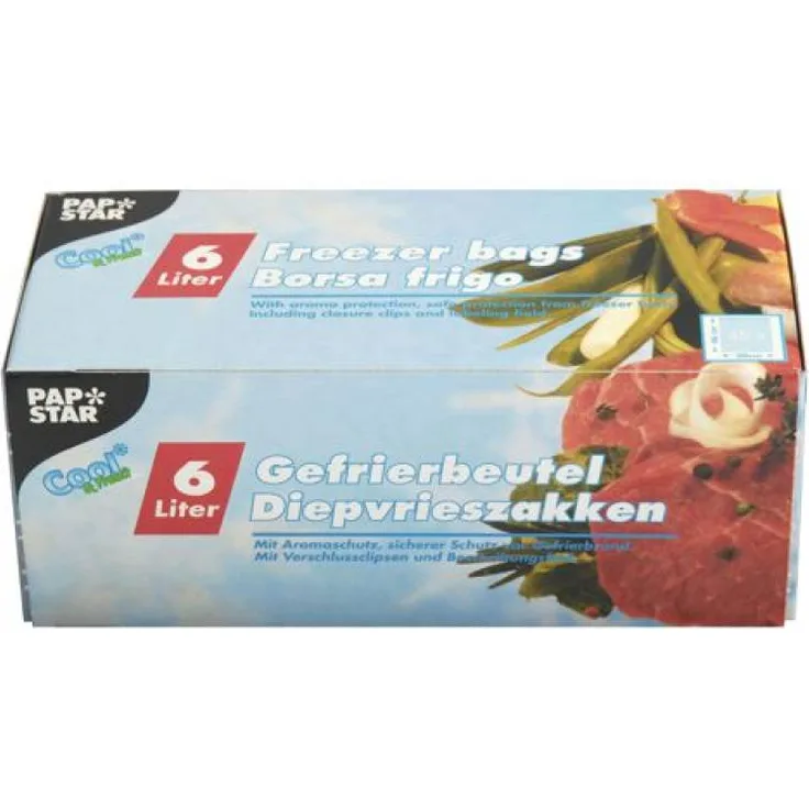 Papstar Gefrierbeutel - Tiefkühlbeutel 12 x 45 Stück, aus LLDPE, Füllinhalt 6 l, 46 x 30 cm, Durchsichtig in Faltschachtel, reißfest, mit Verschlussclips und Beschriftungsfeld #14159
