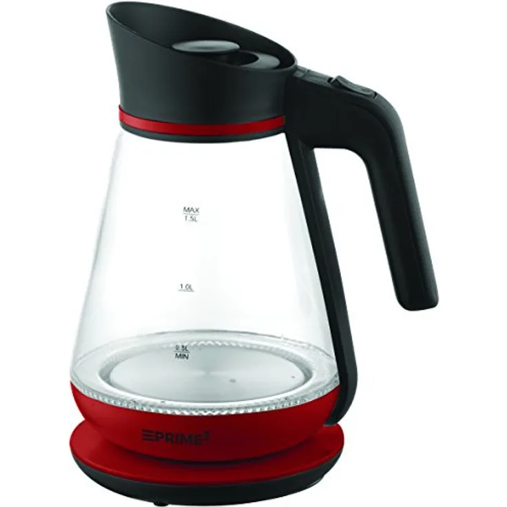 Prime3 Glas-Wasserkocher, 2200W, 1,5 Liter, LED-Beleuchtung, rot
