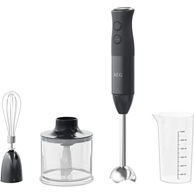 AEG HB416GG Stabmixer, 600W, 2 Geschwindigkeiten, inkl. Zerkleinererer (0,6L), Schneebesen, Messbecher (0,6L), schwarz – Bild 1