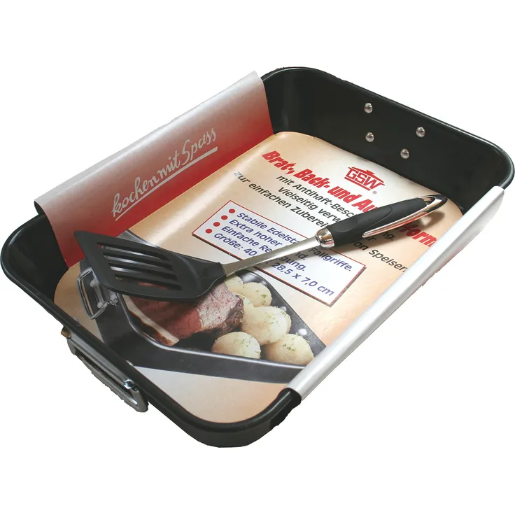 GSW Wender 410472 CARBONSTAHL Back-und Auflaufform 40x28,5x7,0cm-inkl. Pfannenwender, Stahl, schwarz, 40,5 x 28,5 x 7 cm, 2-Einheiten