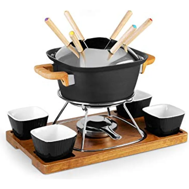 H&H Fondue-Set für 6 Personen, mit 4 Keramikschüsseln, Schwarz, 15 Stück