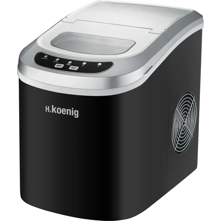 H.Koenig KB12 Eiswürfelmaschine KB12-ca. 12 kg Eiswürfel pro Tag, Produktionszeit 6-13 min. -2 Eiswürfelgrößen-Wasserstandsanzeige, 90 W schwarz, Edelstahl