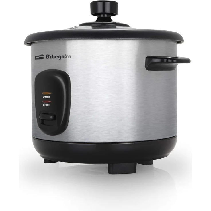 Orbegozo CO 3025 Reiskocher und Dampfgarer, 1 l, Edelstahlgehäuse, Antihaft-Aluminium-Topf, Deckel aus gehärtetem Glas, 400 W Leistung