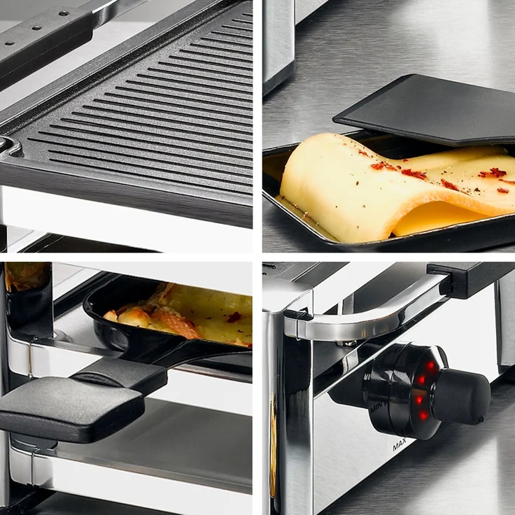 Rommelsbacher RCC 1000 Raclette-Grill Tischgrill, für 4 Personen, gerippte Alu-Druckguss-Grillplatte mit Xylan Plus Antihaftbeschichtung, Parkdeck, 4 Pfännchen, 4 Schaber, 1000 W chrom – Bild 5