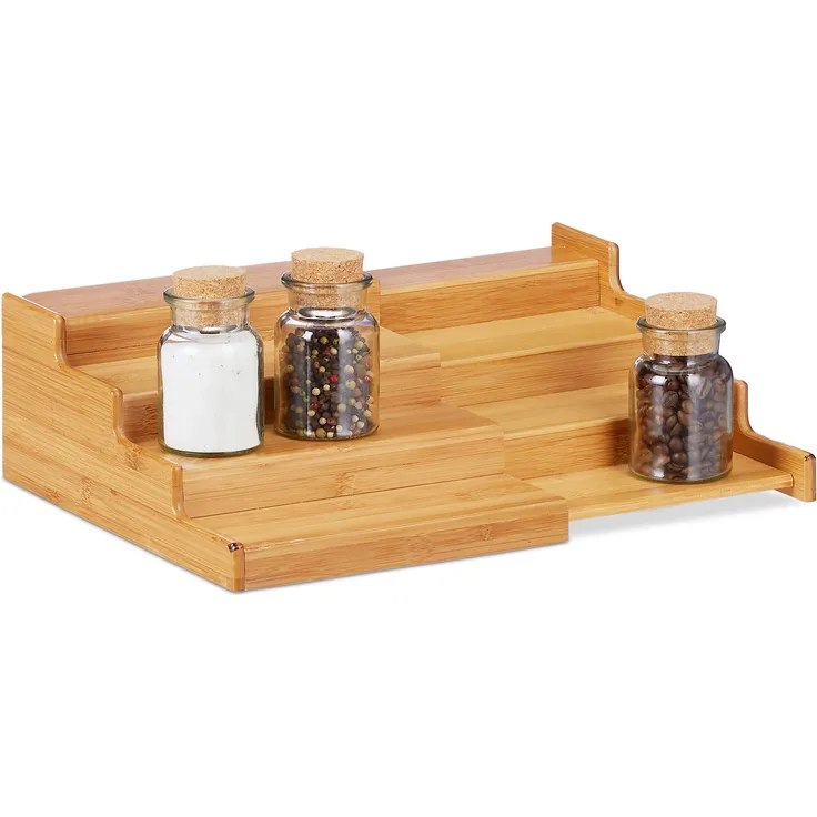Relaxdays Natur Bambus Gewürzregal, 4 Ablagen, ausziehbar, natürliche Optik, feuchtigkeitsbeständig, HBT: 11x38,5x28, Standard