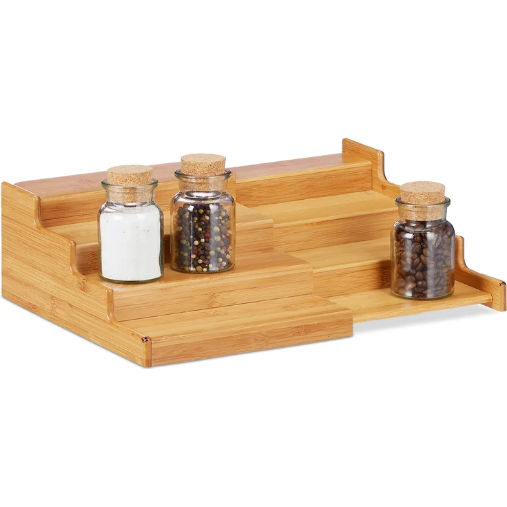 Relaxdays Natur Bambus Gewürzregal, 4 Ablagen, ausziehbar, natürliche Optik, feuchtigkeitsbeständig, HBT: 11x38,5x28, Standard
