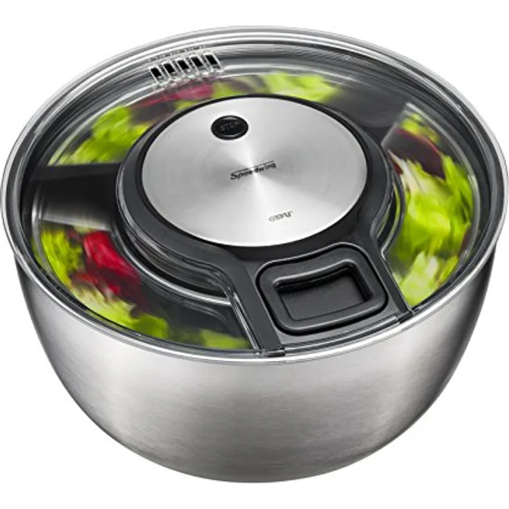 GEFU Original Salatschleuder Speed Wing 28160 - Hervorragend getrockneter Salat in servierfertiger Edelstahl-Schüssel