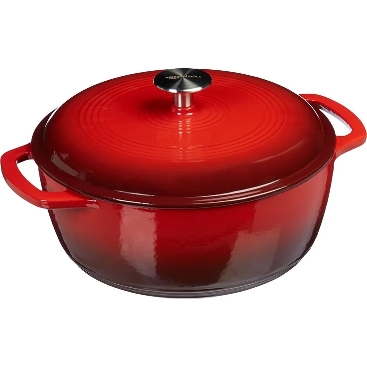 AmazonBasics Bräter Schmortopf aus emailliertem Gusseisen, 7,09 l, Rot – Bild 1