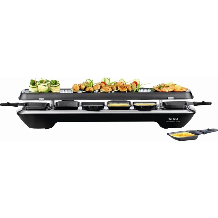 Tefal RE 5228 Raclette Simply Line 6 Inox & Design 1050 Watt, 6 Pfännchen, klassische und Teppan Yaki-Grillfläche schwarz