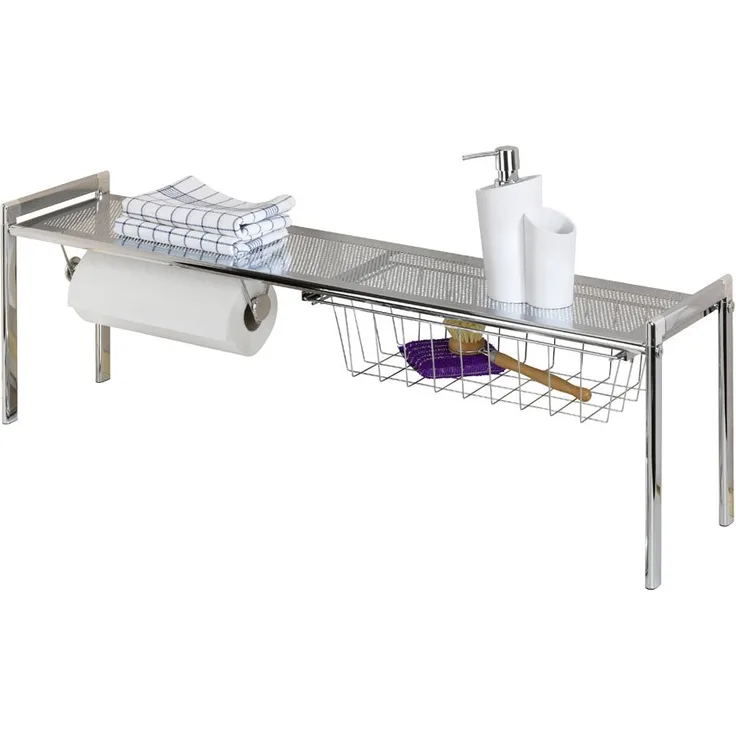 WENKO Spülbeckenregal Exquisit - mit Küchenrollenhalter, 93 x 30 x 21,5 cm, silber glänzend