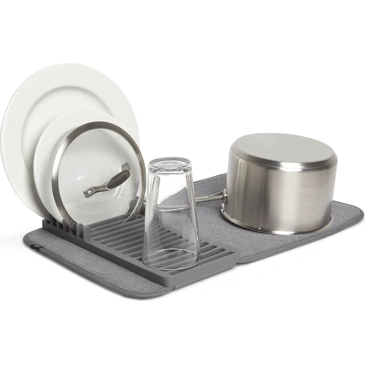 Umbra Udry Mini Geschirr Abtropfgestell und Mikrofaser Abtropfmatte ? Faltbar, Platzsparend und Leicht Verstaubar, 50 x 33 cm, Dunkelgrau