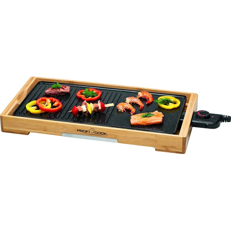 ProfiCook PC-TYG 1143 Teppanyaki-Grill, kratzfeste Keramikbeschichtung, große Grillfläche, stufenlos regelbarer Thermostat, herausnehmbarer Edelstahl-Fettauffangbehälter, Holz - Schwarz – Bild 1