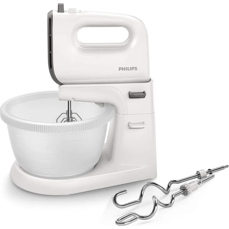 Philips HR3746-00 Handmixer (450 Watt, inkl. Ständer mit Rührschüssel, 5 Geschwindigkeiten plus Turbo) weiß-grau