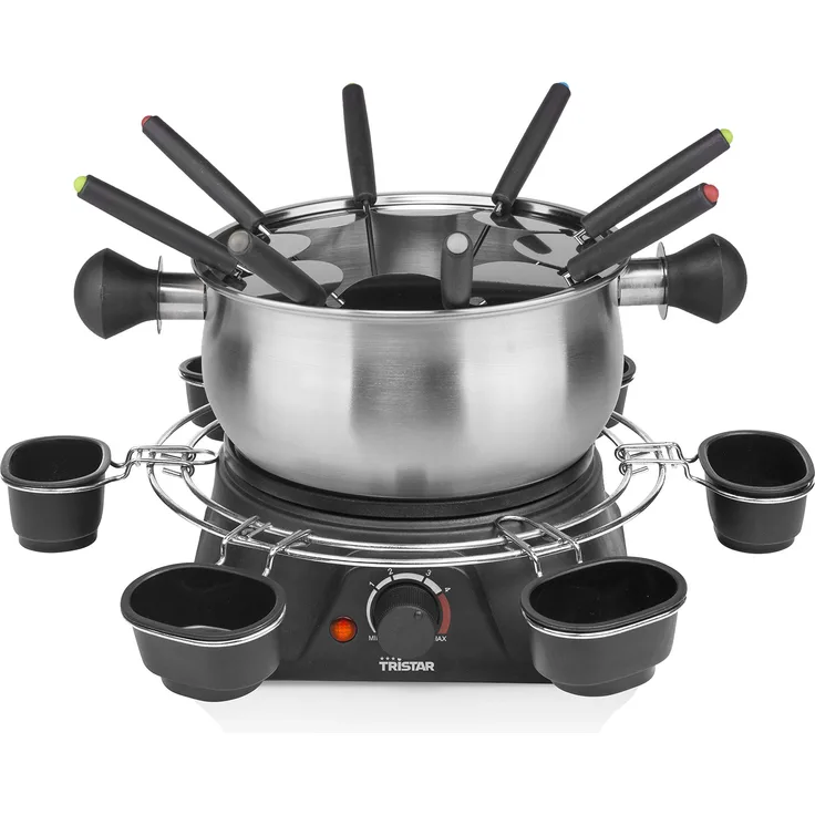 Tristar Fondue-Set für bis zu 8 Personen, 1,3 Liter Fassungsvermögen, inklusive Edelstahlgabeln und Saucenring, 1400 Watt, FO-1109, Silber, Schwarz