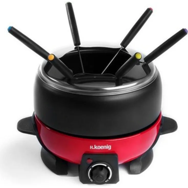 H.Koenig ALP1800 elektrisches Fondue Set - 6 Personen - 6 Fonduegabeln - Temperatur 25°C bis 190°C - 2 L - Antihaftbeschichtung - 800 W - rot-schwarz