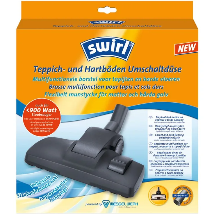 Swirl Teppich und Hartböden Umschaltdüse (Universelle Staubsaugerdüse mit Bürste und optimierter Bodenplatte, 32mm-38mm, Passend z.B.für Miele, Siemens, Bosch, Philips, Kärcher, AEG, Samsung, Rowenta)