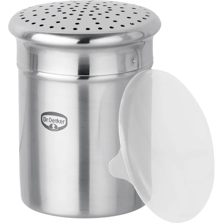 Dr. Oetker Zuckerstreuer grob, Küchenhelfer aus hochwertigem Edelstahl, zum dekorativen und schnellen Bestäuben, großes Füllvolumen, inklusive Schutzdeckel, Farbe: silber, Menge: 1 Stück