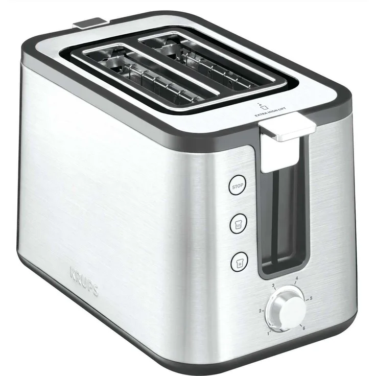 Krups KH442D Control Line Premium Toaster, Edelstahl, 2-Schlitz Toaster, Brötchenaufsatz silber-schwarz