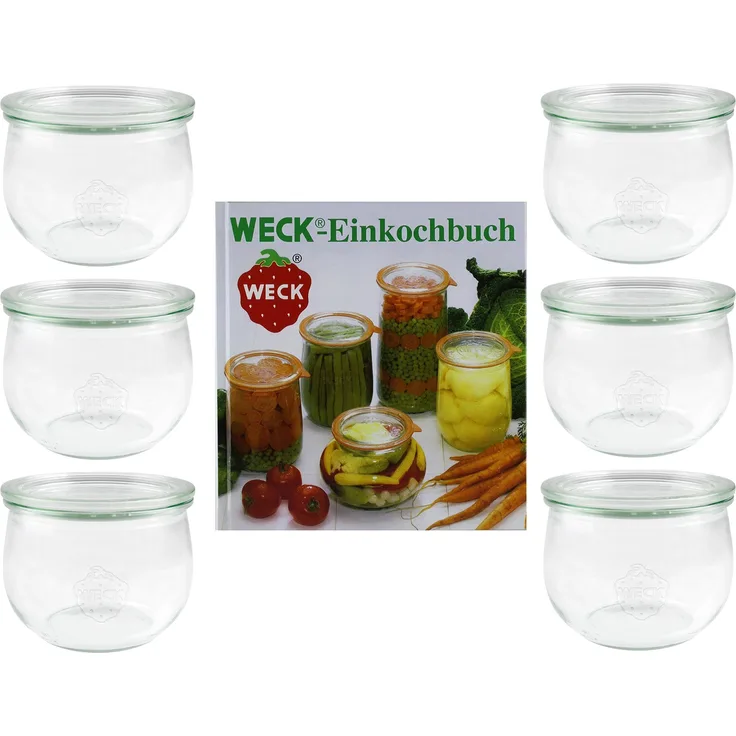 Weck 42578 Einmachgläser Set 6x Weckglas mit Einkochbuch,144 Seiten Tulpengals 500 ml Rundrand 100 mm, Glas