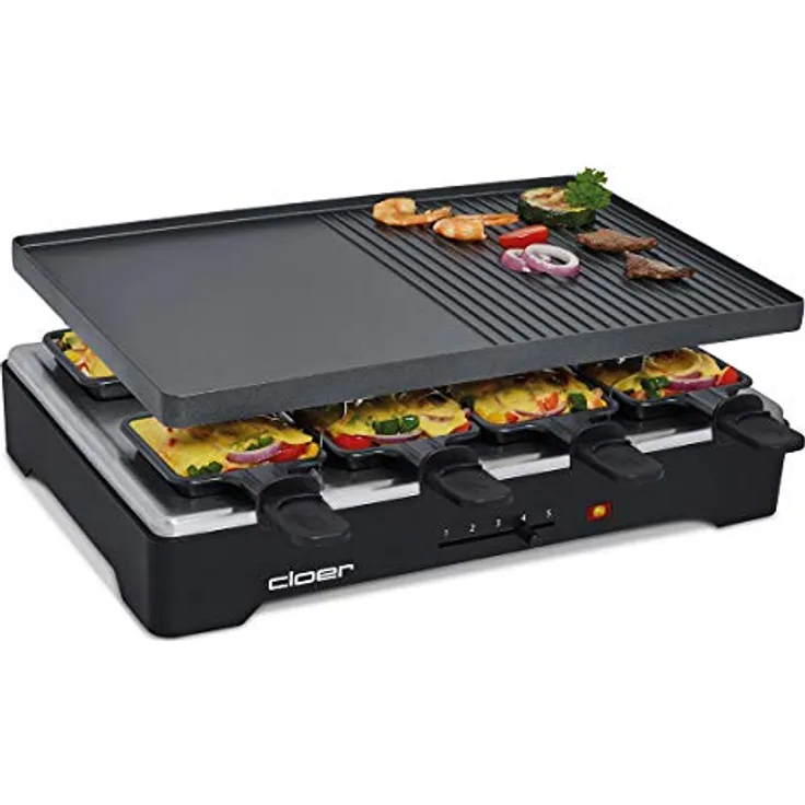 Cloer 6446 Raclettegrill mit Aluminium Druckguss Platte - beidseitig verwendbar, 1200 W, 8 antihaftbeschichtete Raclettepfännchen, schwarz