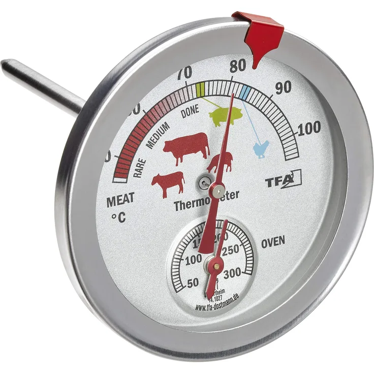 TFA Dostmann Analoges Braten-- Ofenthermometer 14.1027, aus Edelstahl, hitzebeständig, mit verschiedenen Garstufen, zur Kerntemperaturmessung, silber