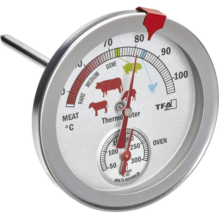 TFA Dostmann Analoges Braten-- Ofenthermometer 14.1027, aus Edelstahl, hitzebeständig, mit verschiedenen Garstufen, zur Kerntemperaturmessung, silber