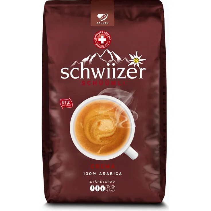 Schwiizer Schüümli Crema Bohnenkaffee, Röstkaffee, ganze Bohnen, Kaffeebohnen, 1000 g