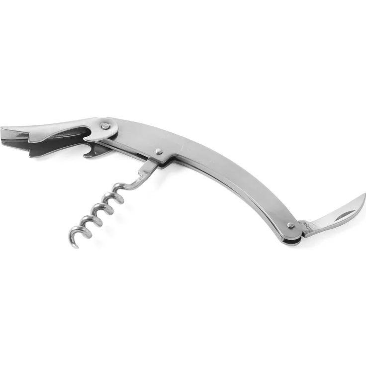 HENDI Kellnerkorkenzieher, Gebogenes Modell 3 Funktionen, Korkenzieher & Flaschenöffner, 110mm