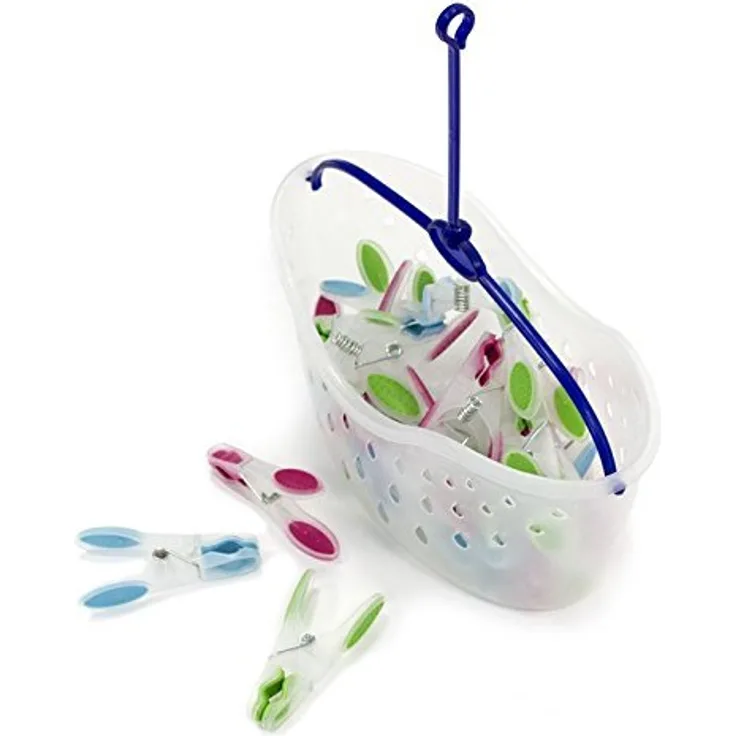 MSV Wäscheklammer Korb Set 24 Stck. mit Soft Grip perfekt zum Einhängen an den Wäscheständer oder die Wäscheleine