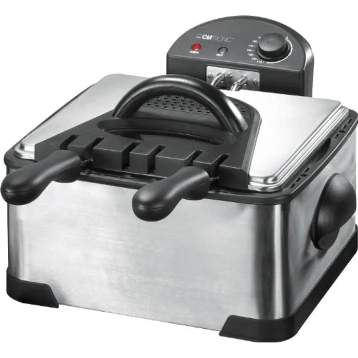 Clatronic FR 3195 Doppel-Kaltzonen-Fritteuse mit 2 kleinen Frittierkörben und einem großen, 4 Liter, 2000 Watt, inox