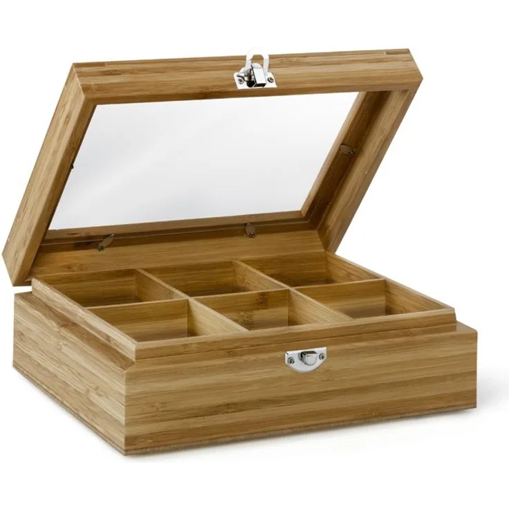 Teebeutelbox 9 Fächer mit Sichtfenster im Deckel aus hellem Bambusholz 285x235x74mm