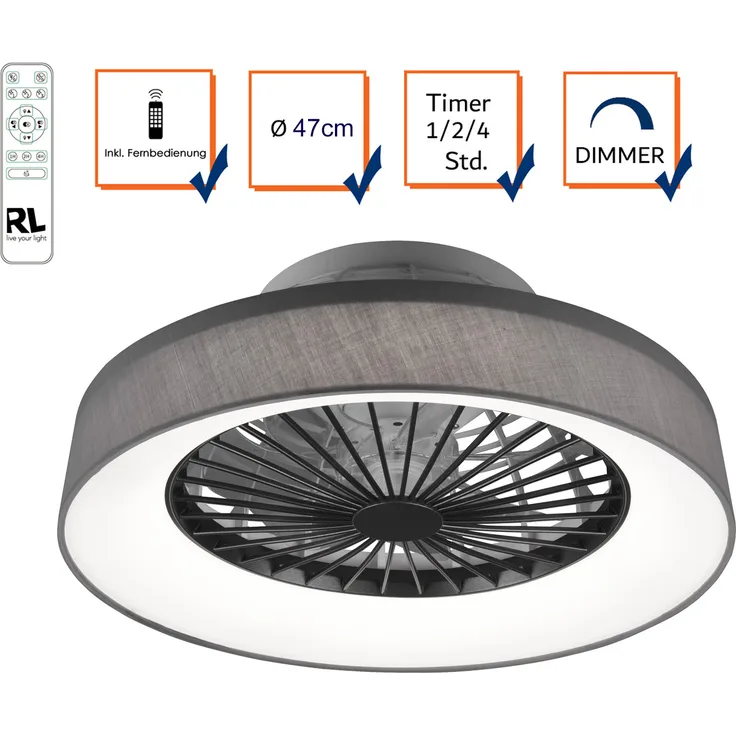LED Deckenventilator Ø47cm mit Licht Stoff in Grau dimmbar Fernbedienung & Timer