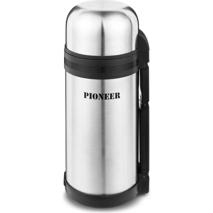 Pioneer Outdoor-Isolierflasche aus Hochwertigem Edelstahl mit Griff und Tasse 1,2 L Doppelwandig Auslaufsicher 8 Stunden Heiß oder Kühl BPA Frei - Gebürsteter Stahl