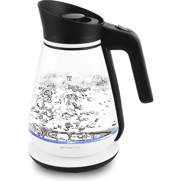 Emerio Design Glaswasserkocher, 1.5L, Swiss Design, Borosilikatglas, kabellos, LED Beleuchtung, Kalkfilter, 2200 Watt, Schwarz-Weiß